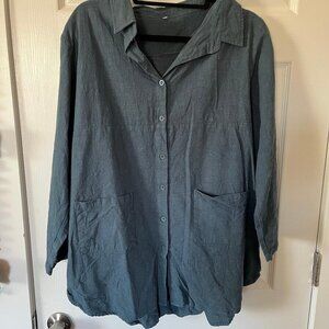 Minibee Women's Linen Button Down Tunic Top With Pockets, Blue, Extra Large (XL)
